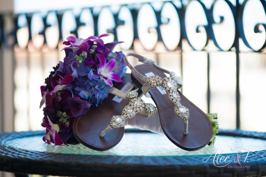 Beach Wedding glam shoes with a purple bouquet with lots of pop and color