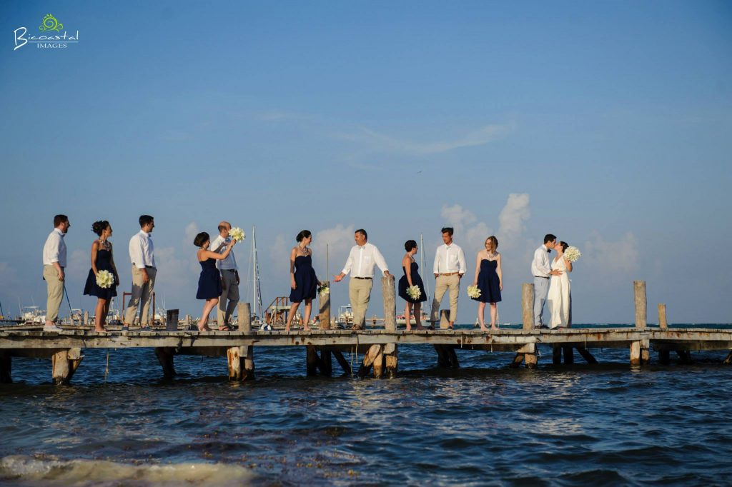 Wedding party on the dock for pictures 
