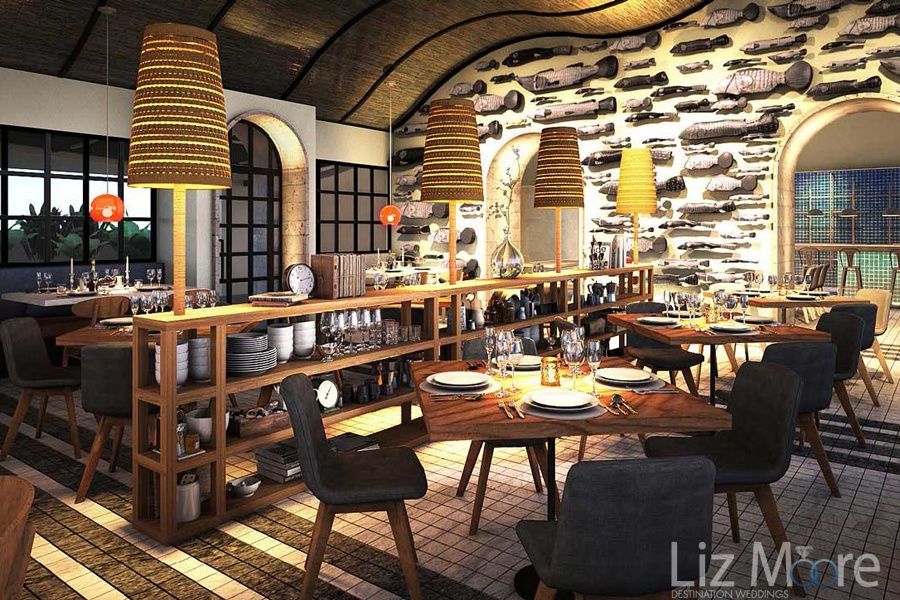 picala de luna restaurant With beautifulStone fish Displays on the walls and colorful lamps